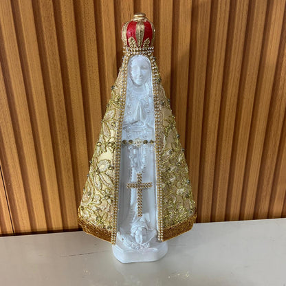 IMAGEM DE GESSO NOSSA SENHORA APARECIDA BRANCA MANTO DOURADO COM STRASS MOD1 31CM (1 UNIDADE)