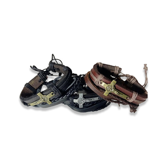 PULSEIRA COURO CRUCIFIXO CORES SORTIDAS (3 UNIDADES)