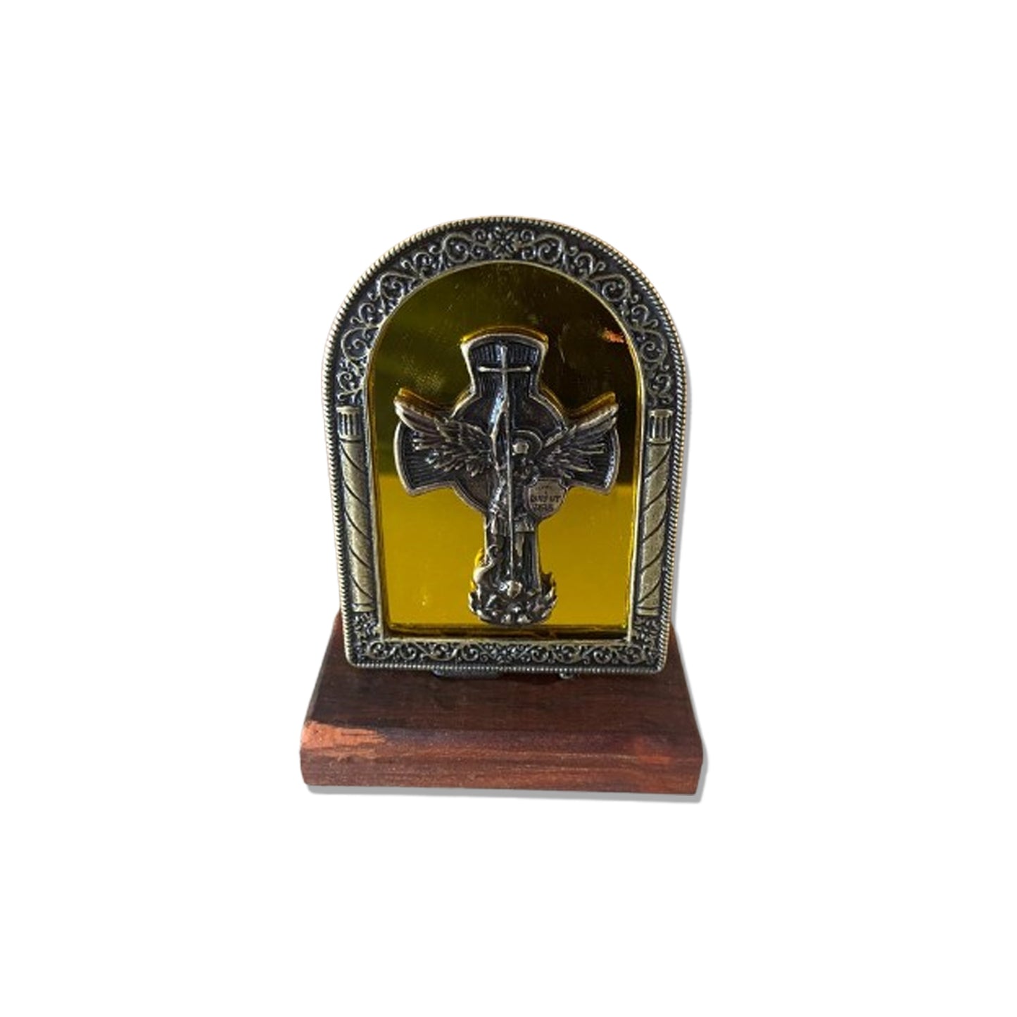 ADORNO DE MESA MADEIRA ESPELHADO SÃO MIGUEL ARCANJO METAL OURO VELHO 9,8CM (1 UNIDADE)