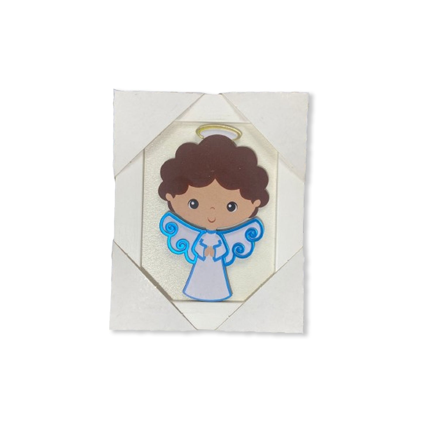 QUADRO MDF ANJO DA GUARDA AZUL INFANTIL COM ACRÍLICO 15,6CMX 12,6CM (1 UNIDADE)