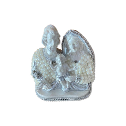 BUSTO DE GESSO SAGRADA FAMÍLIA BRANCO COM PÉROLA E STRASS PRATA 14CM MOD2 (1 UNIDADE)