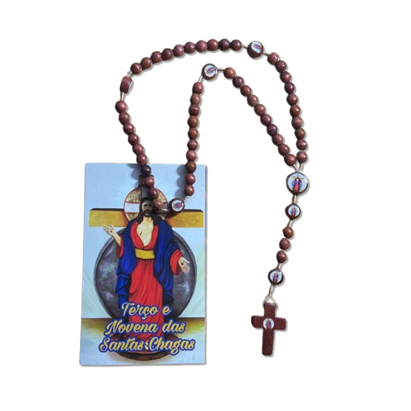 TERÇO DE MADEIRA SANTAS CHAGAS 7 MEDALHAS MOD2 08MM (3 UNIDADES)