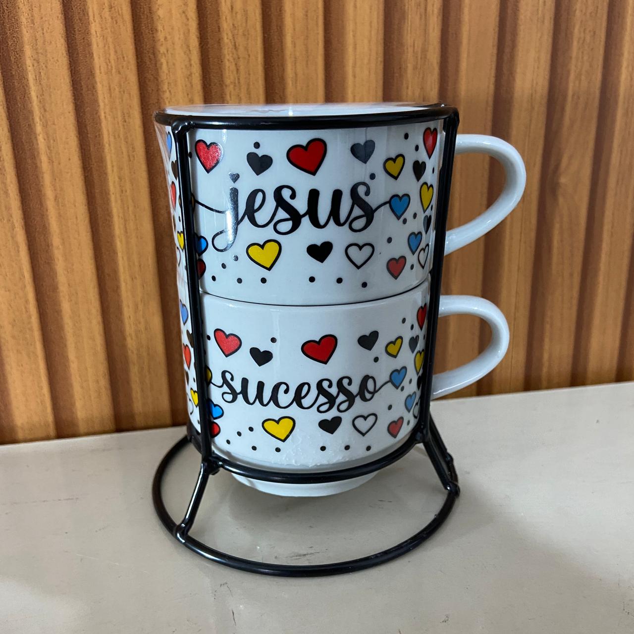 XÍCARA BRANCA EMPILHÁVEL JESUS E SUCESSO  ( 2 UNIDADES)