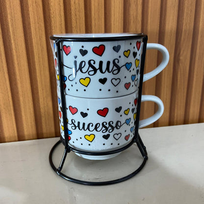 XÍCARA BRANCA EMPILHÁVEL JESUS E SUCESSO  ( 2 UNIDADES)