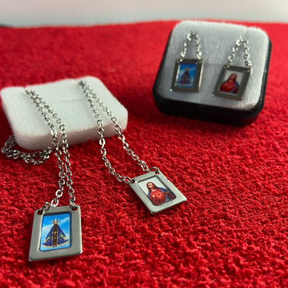 ESCAPULÁRIO INOX QUADRADO SAGRADO CORAÇÃO DE JESUS E NOSSA SENHORA APARECIDA (6 UNIDADES)