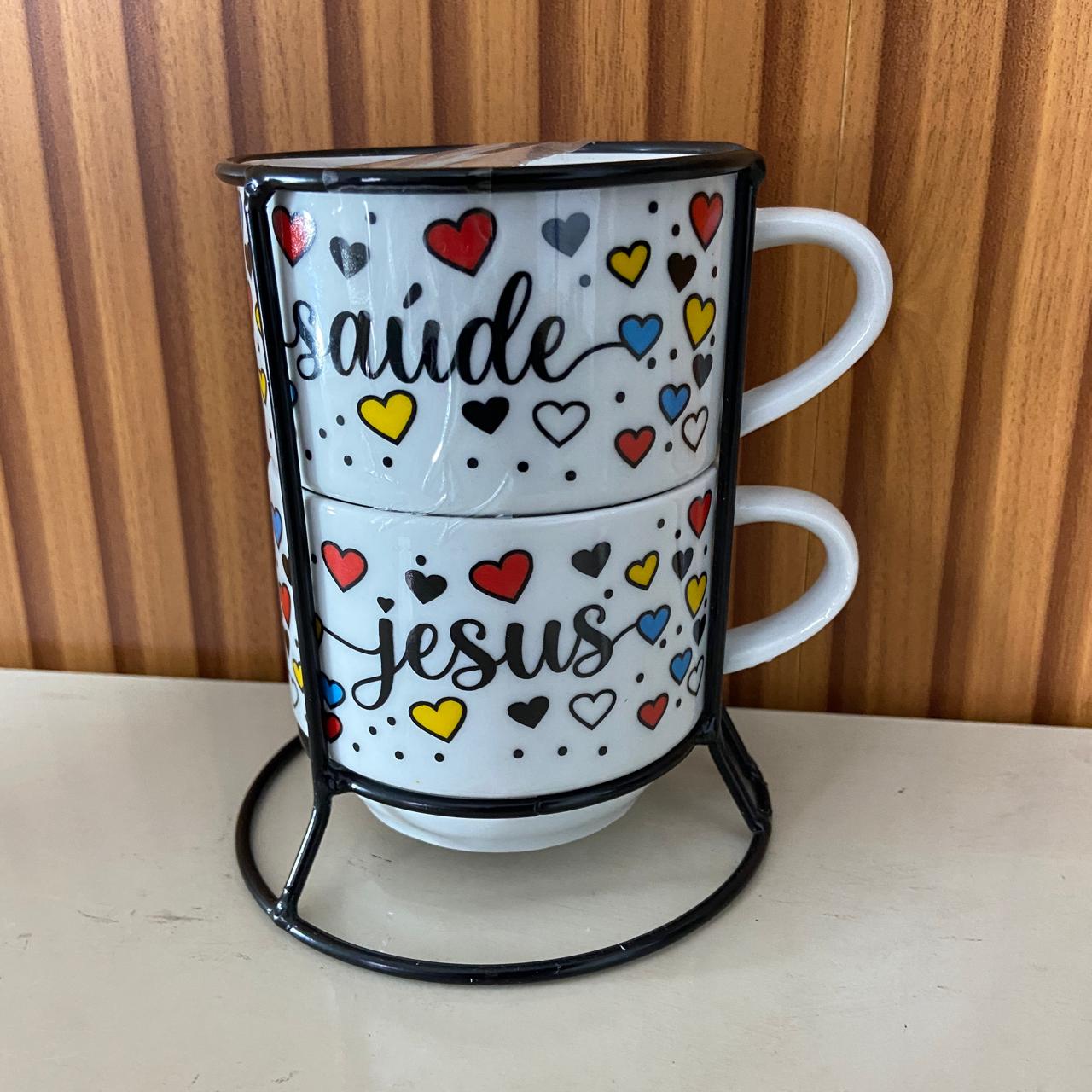 XÍCARA BRANCA EMPILHÁVEL SAÚDE E JESUS  ( 2 UNIDADES)