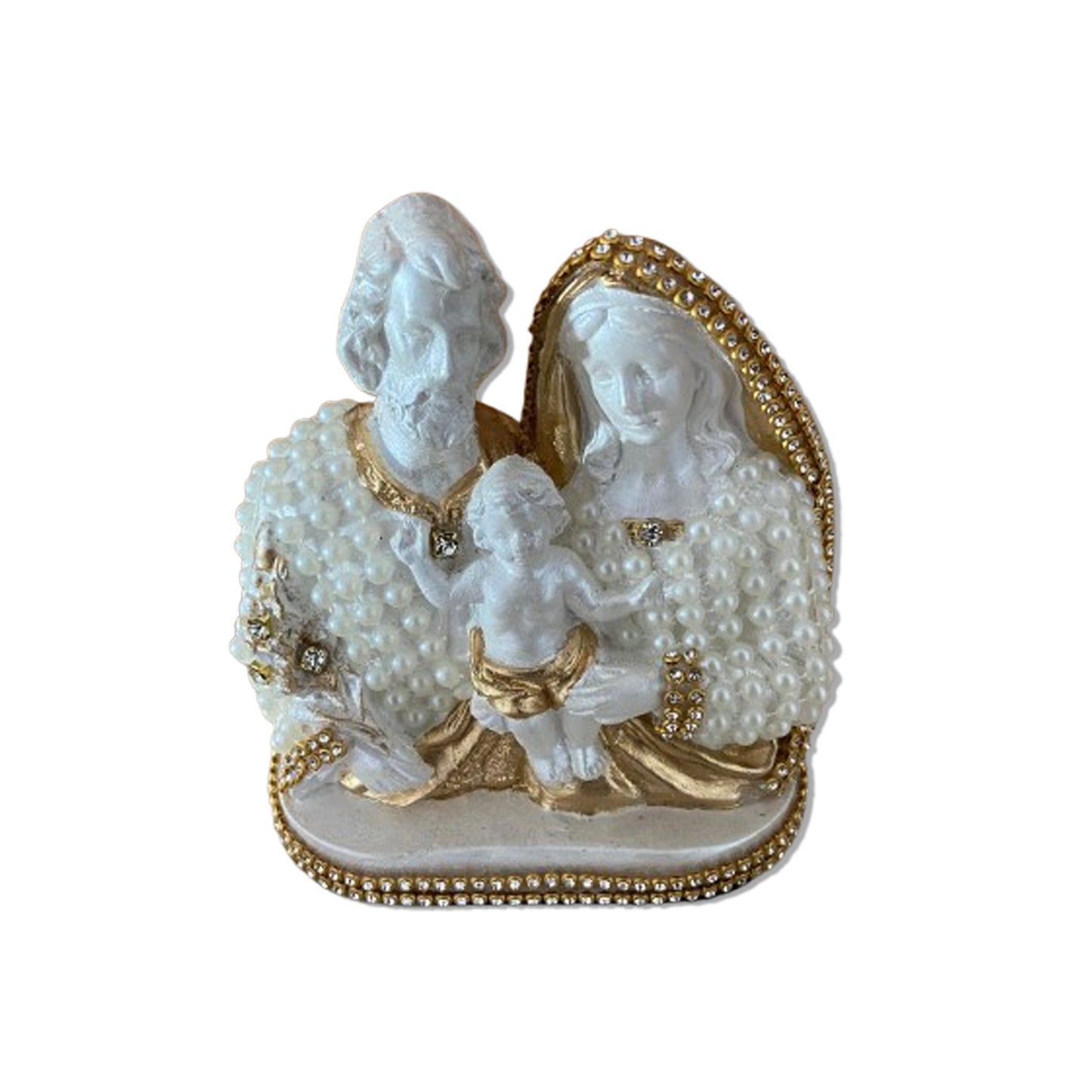 BUSTO DE GESSO SAGRADA FAMÍLIA BRANCO E DOURADO COM PÉROLA E STRASS 13CM MOD2 (1 UNIDADE)