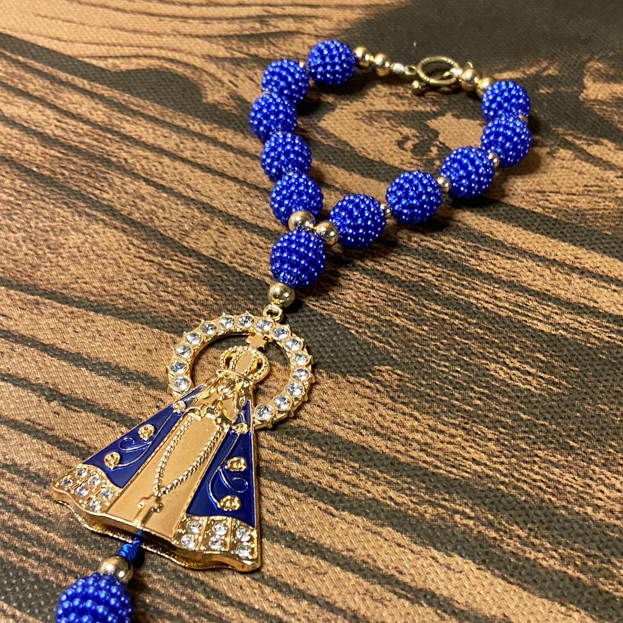 DEZENA PARA CARRO NOSSA SENHORA APARECIDA COM AUREOLA AMORA AZUL 12MM (3 UNIDADES)