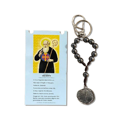 CHAVEIRO DEZENA HEMATITA COM MOSQUETE DUAS MEDALHAS (3 UNIDADES)