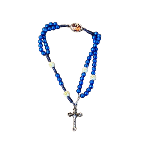 TERÇO PULSEIRA PÉROLA AZUL COM MEDALHA RESINADA SÃO JOSÉ (6 UNIDADES)