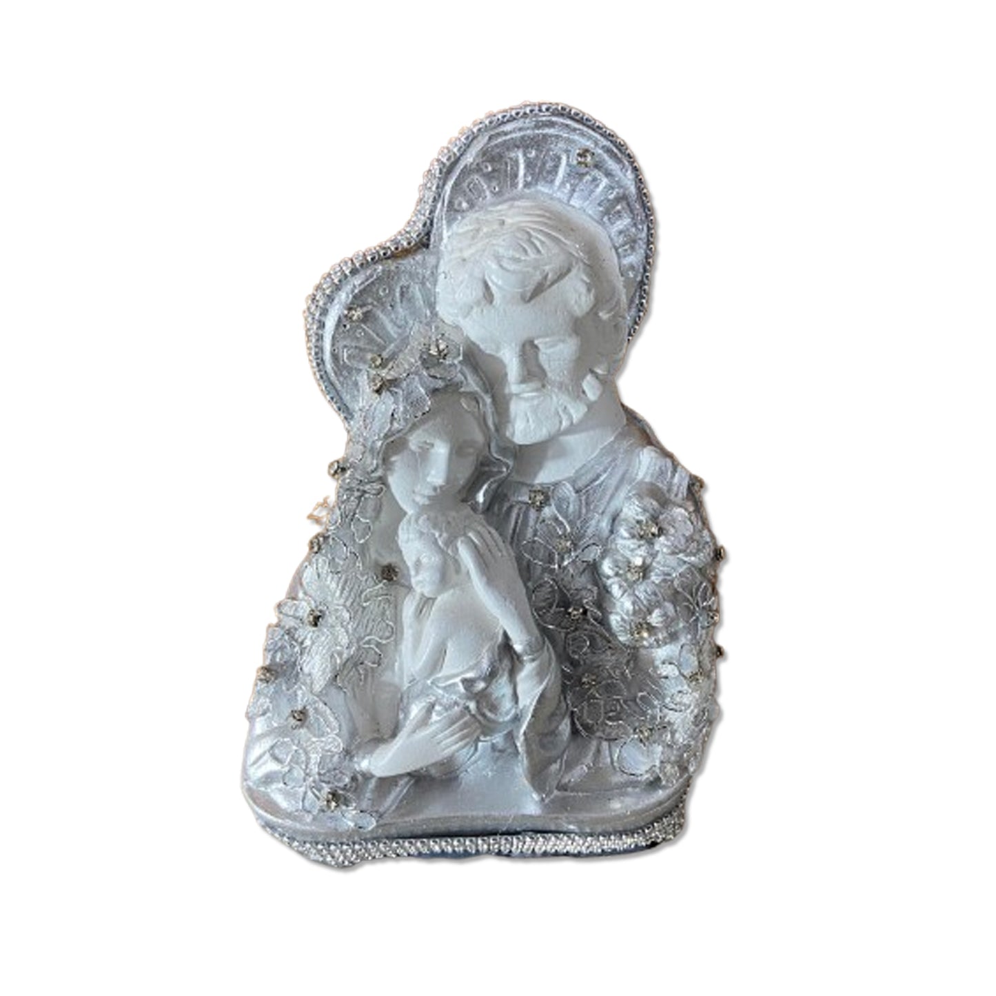 BUSTO DE GESSO SAGRADA FAMÍLIA DECOUPAGE PRATEADO 20CM (1 UNIDADE)