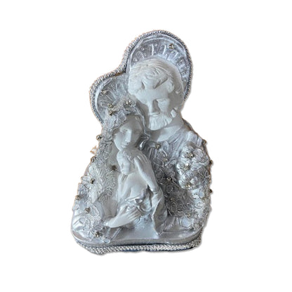 BUSTO DE GESSO SAGRADA FAMÍLIA DECOUPAGE PRATEADO 20CM (1 UNIDADE)