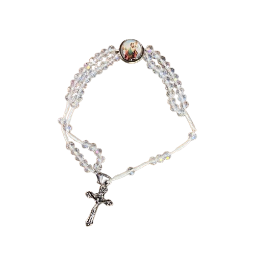 TERÇO PULSEIRA CRISTAL ROSA COM MEDALHA RESINADA SÃO CRISTÓVÃO  (3 UNIDADES)
