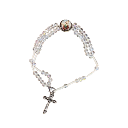 TERÇO PULSEIRA CRISTAL ROSA COM MEDALHA RESINADA SÃO CRISTÓVÃO  (3 UNIDADES)