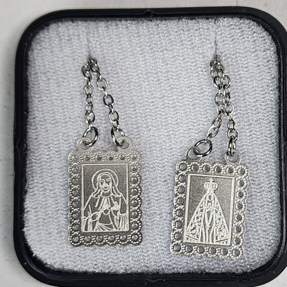 ESCAPULÁRIO INOX VAZADO SAGRADO CORAÇÃO DE JESUS E NOSSA SENHORA APARECIDA MOD2 (6 UNIDADES)