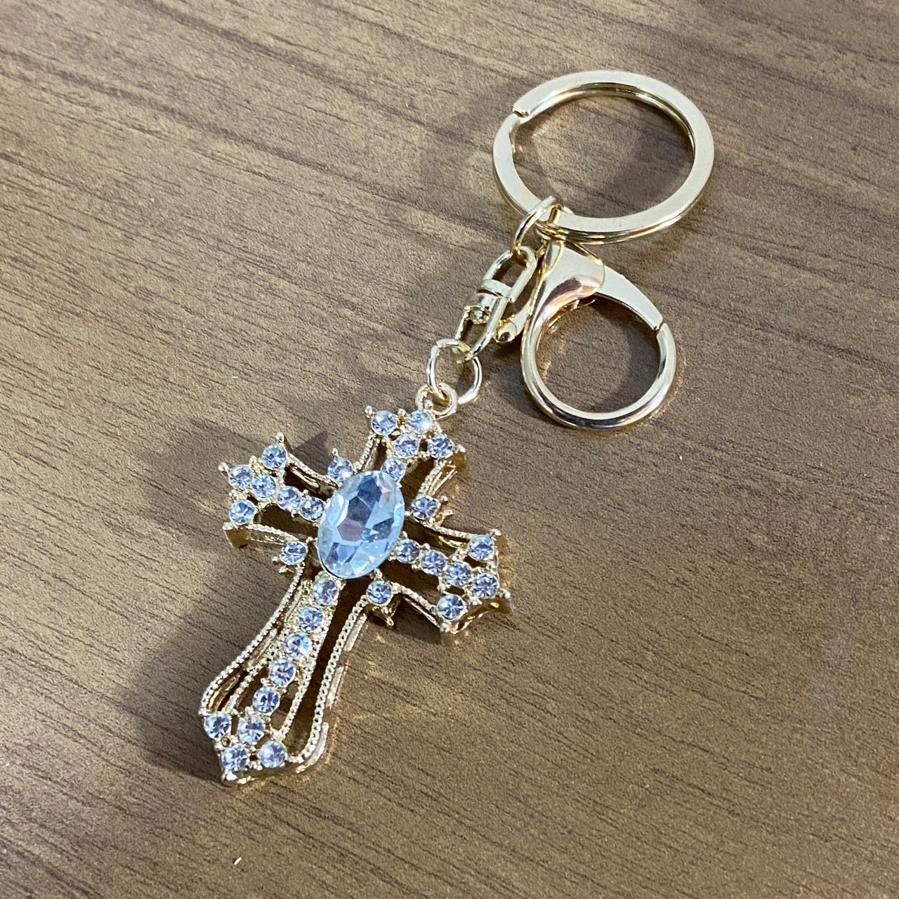 CHAVEIRO LUXO CRUZ VAZADA COM STRASS  (6 UNIDADES)