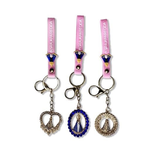 CHAVEIRO LUXO NOSSA SENHORA APARECIDA COM FITA SILICONE ROSA MODELOS SORTIDOS (6 UNIDADES)
