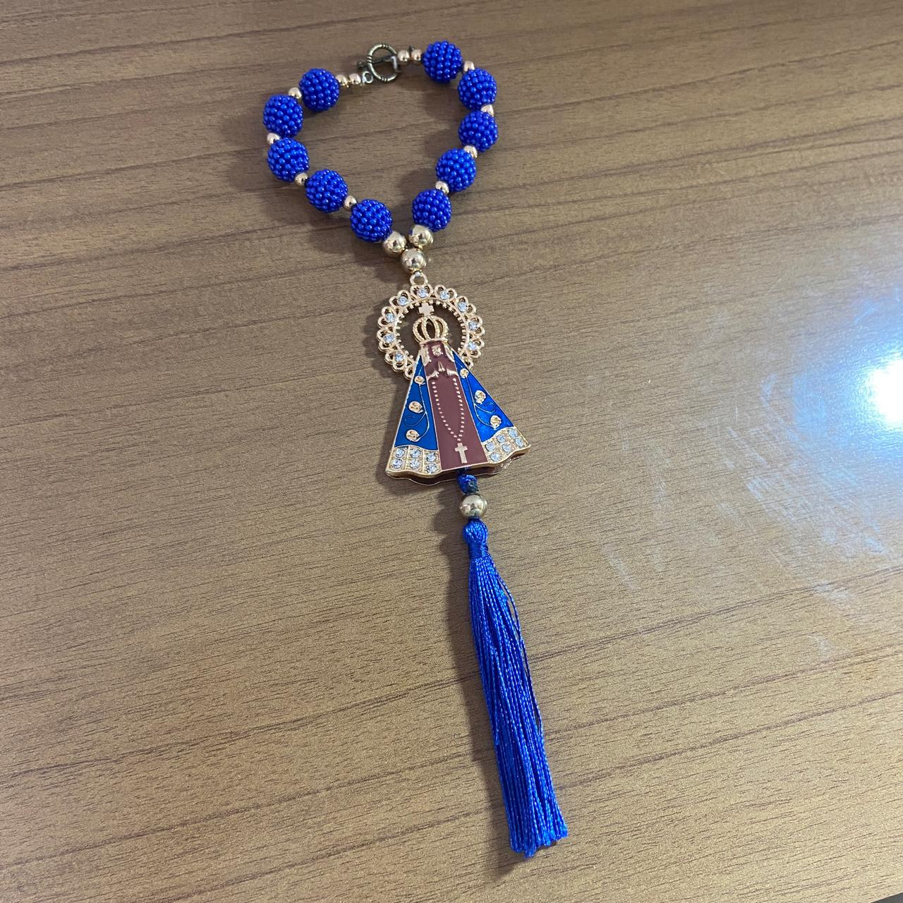 DEZENA PARA CARRO NOSSA SENHORA APARECIDA MARROM AMORA AZUL MOD2 12MM (3 UNIDADES)