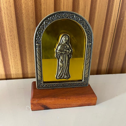 ADORNO DE MESA MADEIRA ESPELHADO SANTA RITA DE CÁSSIA METAL OURO VELHO 9,8CM (1 UNIDADE)