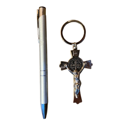 KIT CANETA COM CHAVEIRO CRUCIFIXO MEDALHA SÃO BENTO PRATA ( 1 UNIDADE)