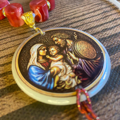 DEZENA PEDRARIAS MEDALHÃO RESINADO SAGRADA FAMÍLIA  12MM  (1 UNIDADE)
