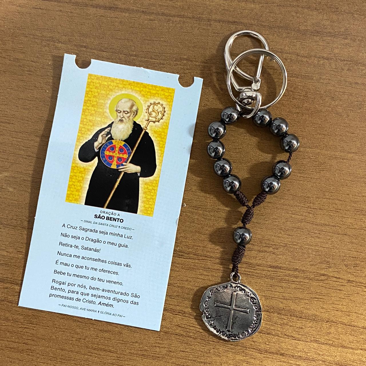 CHAVEIRO DEZENA HEMATITA COM MOSQUETE DUAS MEDALHAS (3 UNIDADES)