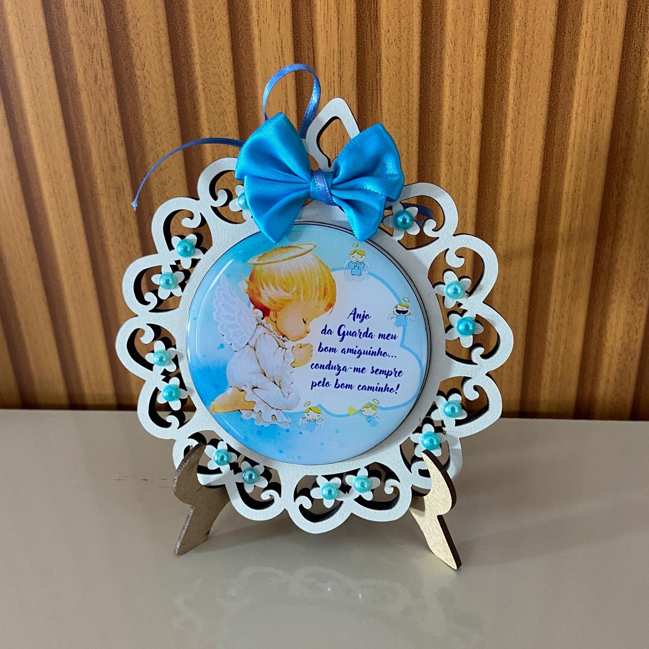 MEDALHÃO DE BERÇO ANJINHO AZUL COM ORAÇÃO (1 UNIDADE)