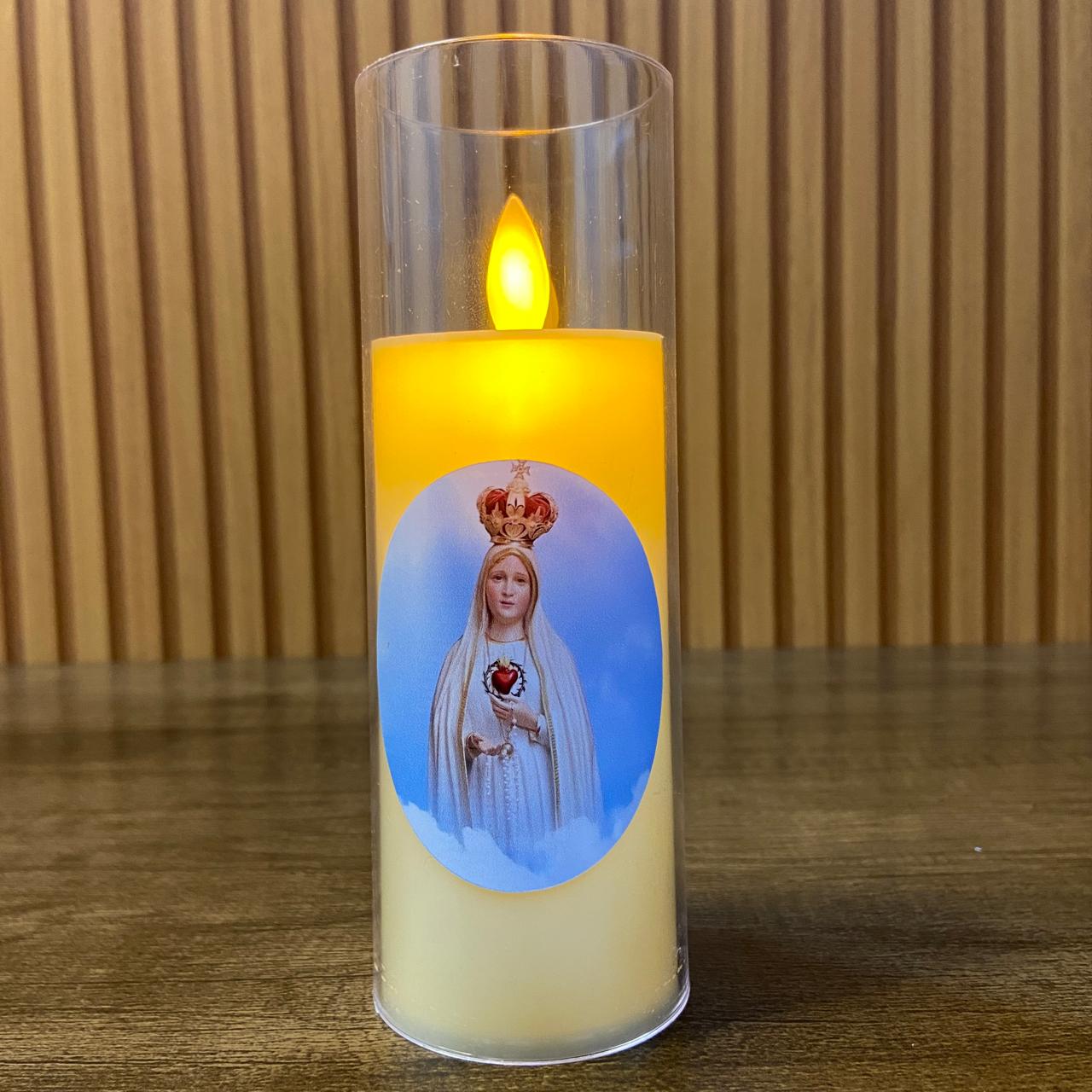 VELA ELETRÔNICA NO COPO DE ACRÍLICO NOSSA SENHORA DE FÁTIMA  15CM (1 UNIDADE)