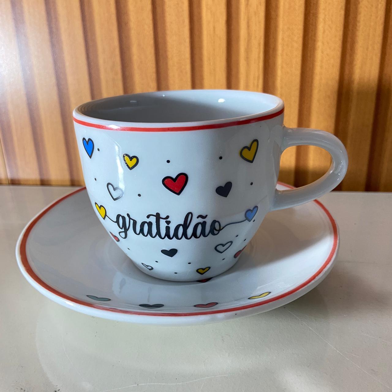 XÍCARA COM PIRES GRATIDÃO MOD2 200ML (1 UNIDADE)