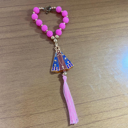 DEZENA PARA CARRO NOSSA SENHORA APARECIDA MARROM AMORA ROSA MOD2 12MM (3 UNIDADES)