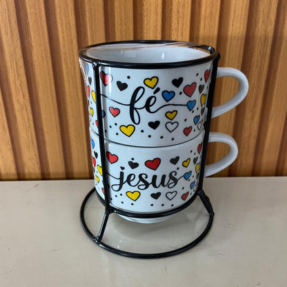 XÍCARA BRANCA EMPILHÁVEL FÉ E JESUS ( 2 UNIDADES)