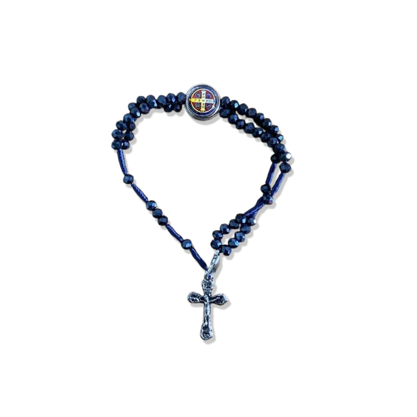 TERÇO PULSEIRA CRISTAL GRAFITE COM MEDALHA RESINADA SÃO BENTO  (3 UNIDADES)
