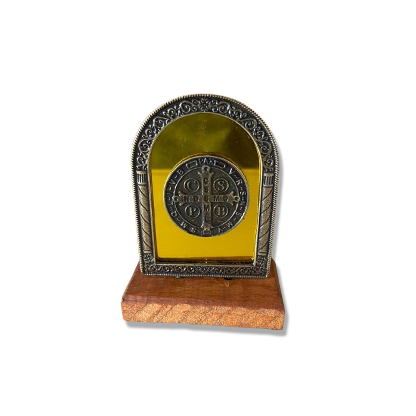 ADORNO DE MESA MADEIRA ESPELHADO MEDALHA SÃO BENTO METAL OURO VELHO 9,8CM (1 UNIDADE)