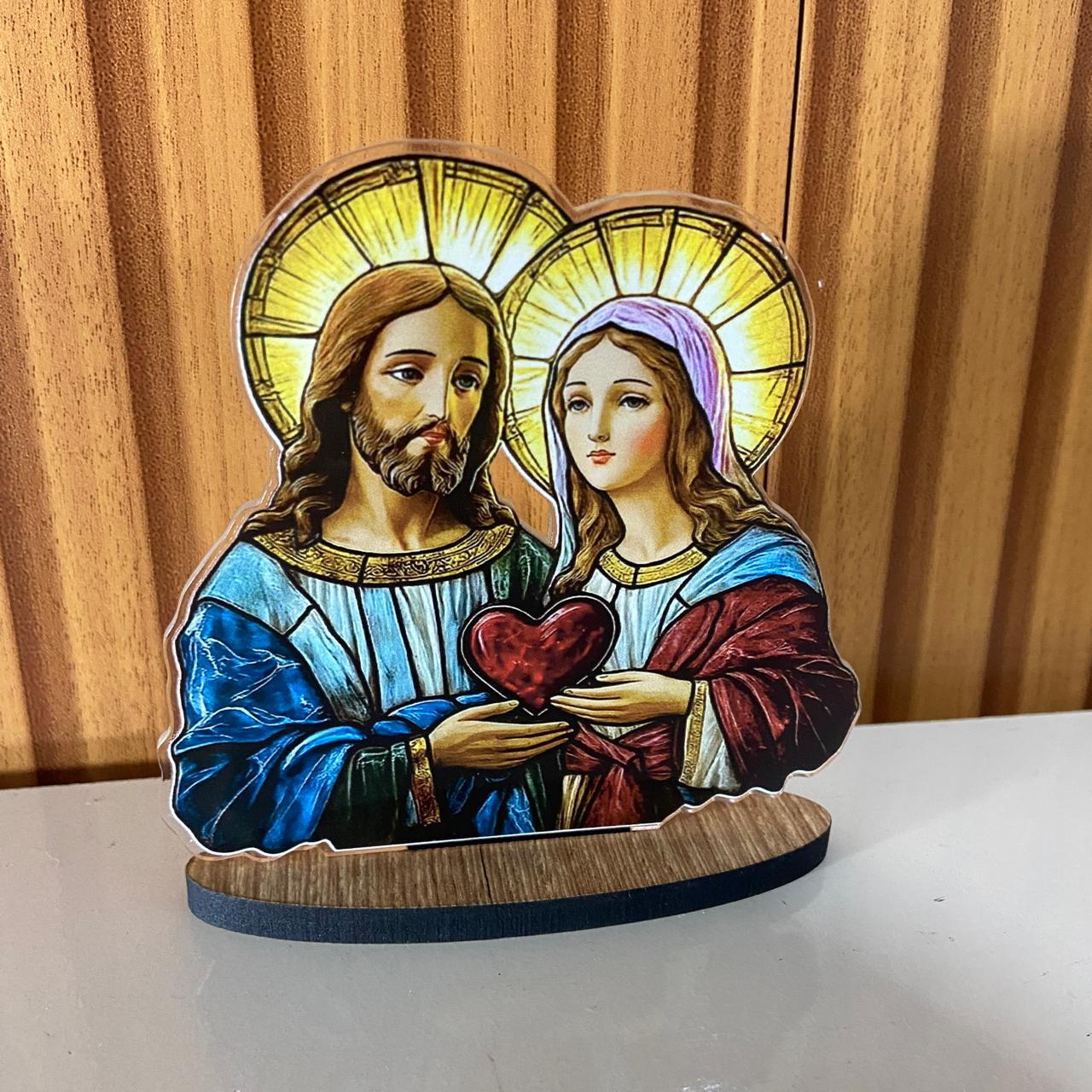 ADORNO DE MESA ACRÍLICO RESINADO SAGRADO CORAÇÃO DE JESUS E IMACULADO CORAÇÃO DE MARIA 11CM (1 UNIDADE)