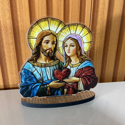 ADORNO DE MESA ACRÍLICO RESINADO SAGRADO CORAÇÃO DE JESUS E IMACULADO CORAÇÃO DE MARIA 11CM (1 UNIDADE)