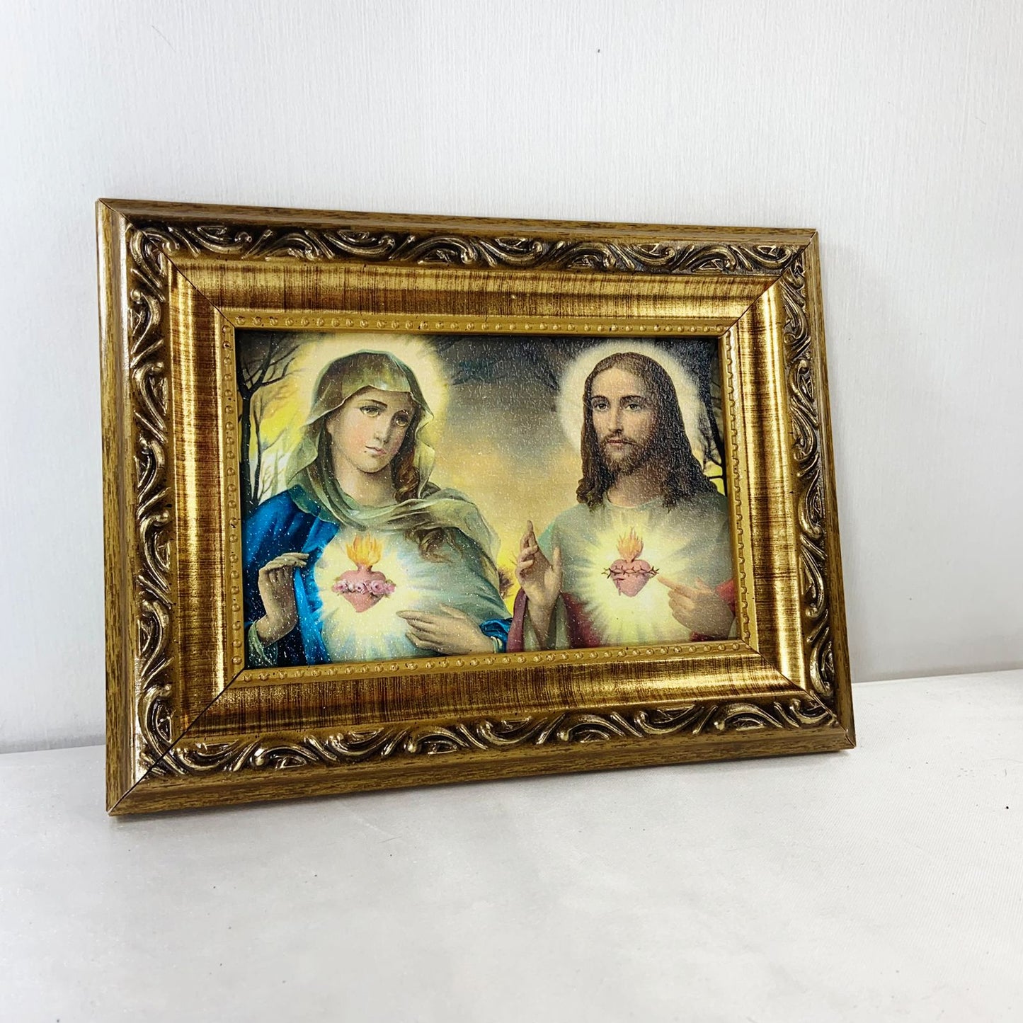 QUADRO COM MOLDURA RESINADO SAGRADO CORAÇÃO DE JESUS E IMACULADO CORAÇÃO DE MARIA  15,5 X 20,5 (1 UNIDADE)