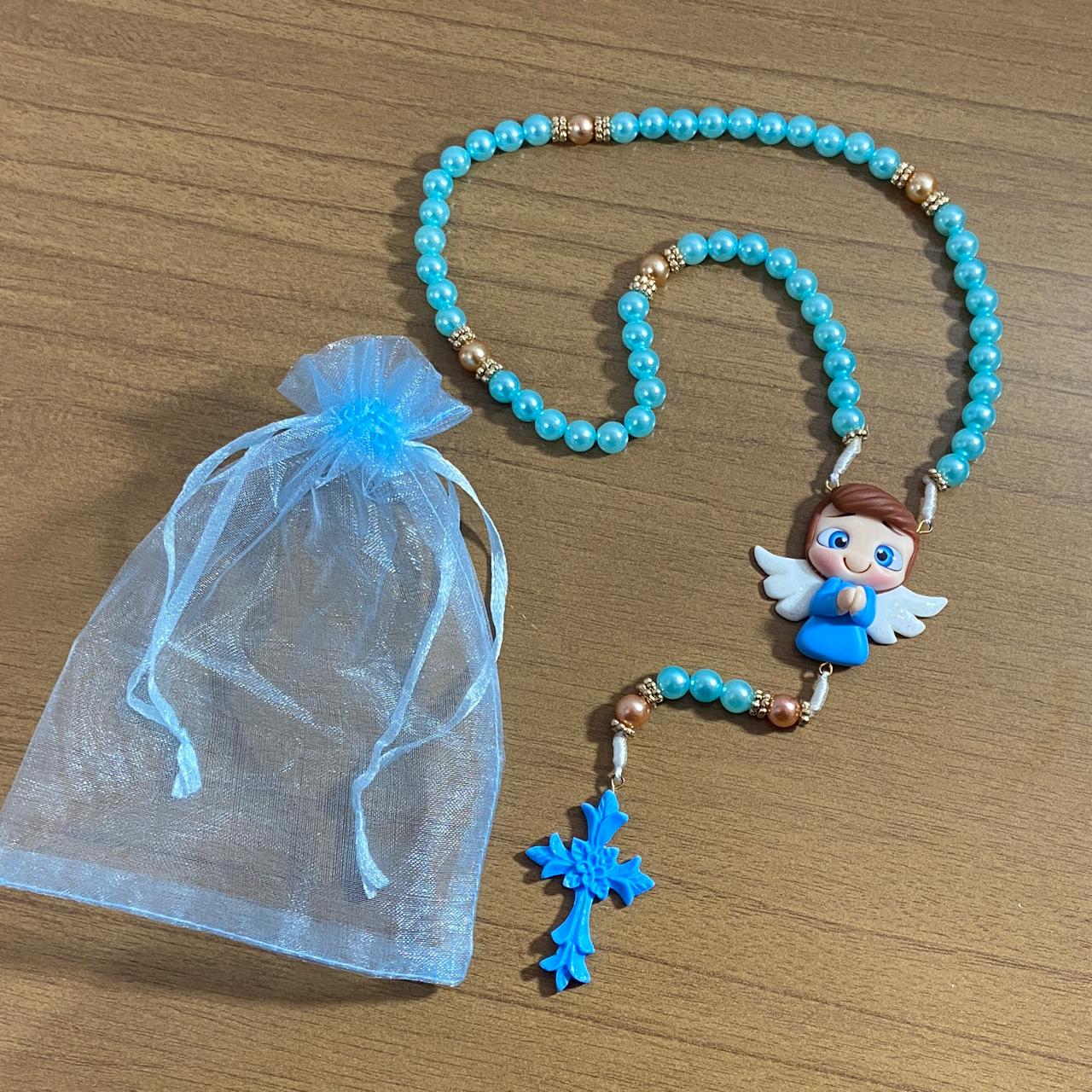 TERÇO PÉROLA AZUL ANJINHO AZUL DE BISCUIT (1 UNIDADE)