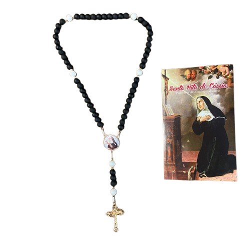 TERÇO PÉROLA PRETA COM MEDALHA RESINADA SANTA RITA DE CÁSSIA 6MM (1 UNIDADE)