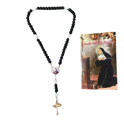 TERÇO PÉROLA PRETA COM MEDALHA RESINADA SANTA RITA DE CÁSSIA 6MM (1 UNIDADE)