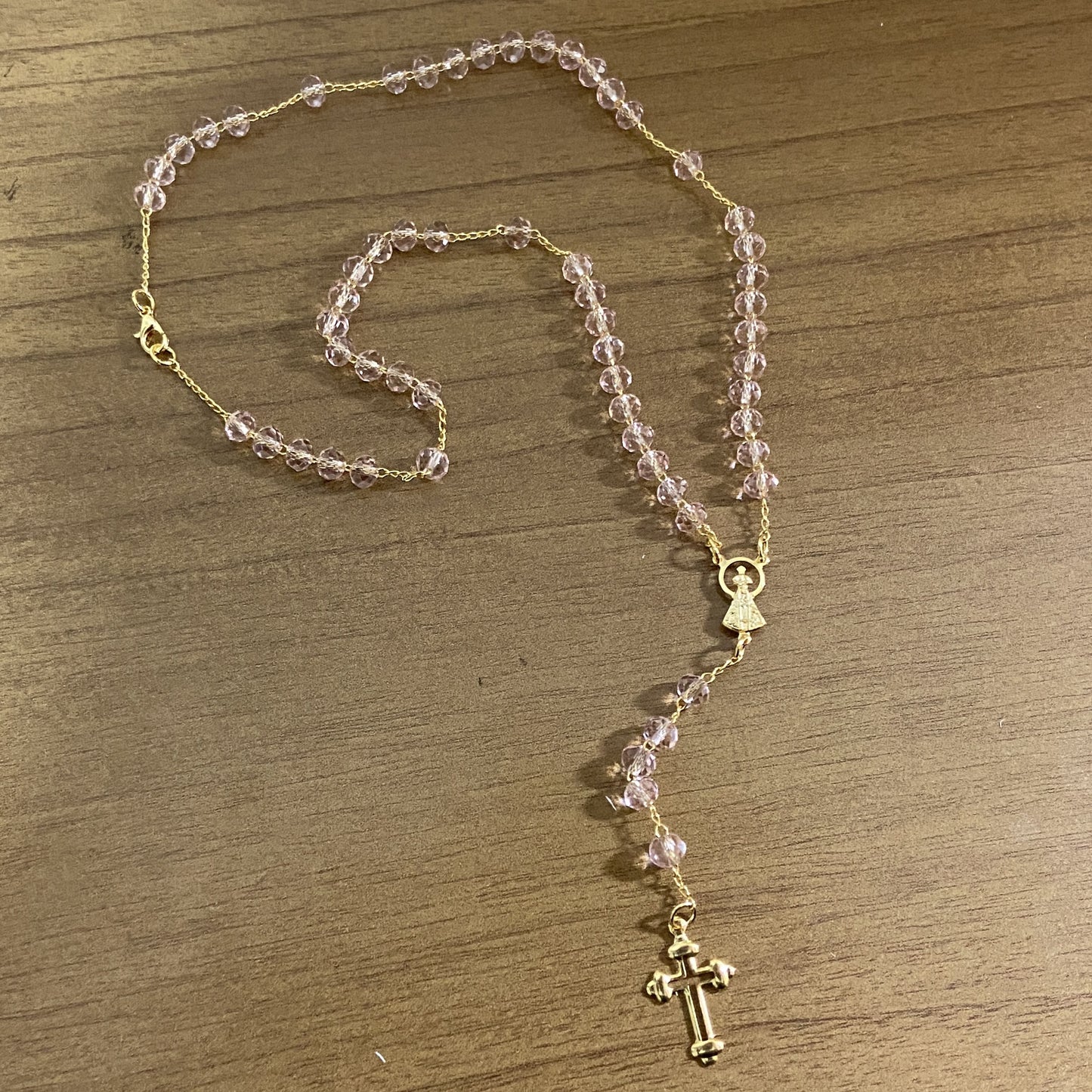 CORRENTE TERÇO CRISTAL NOSSA SENHORA APARECIDA ROSA TRANSPARENTE 04MM  (1 UNIDADE)