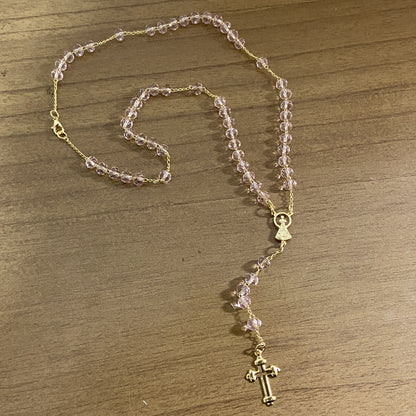 CORRENTE TERÇO CRISTAL NOSSA SENHORA APARECIDA ROSA TRANSPARENTE 04MM  (1 UNIDADE)