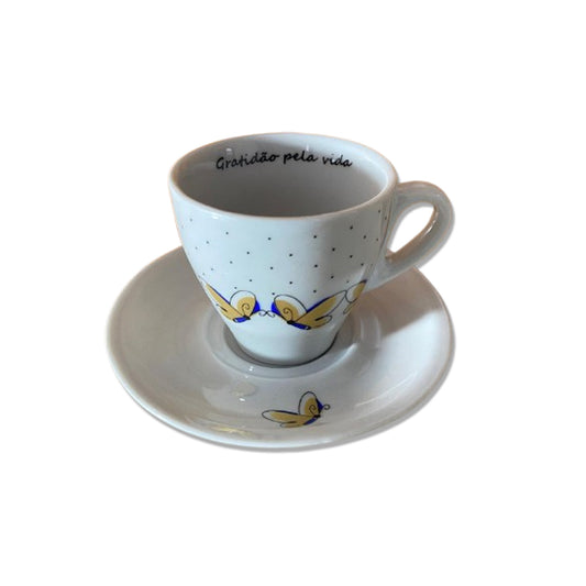XÍCARA COM PIRES BORBOLETA AZUL E DOURADO 120ML (1 UNIDADE)