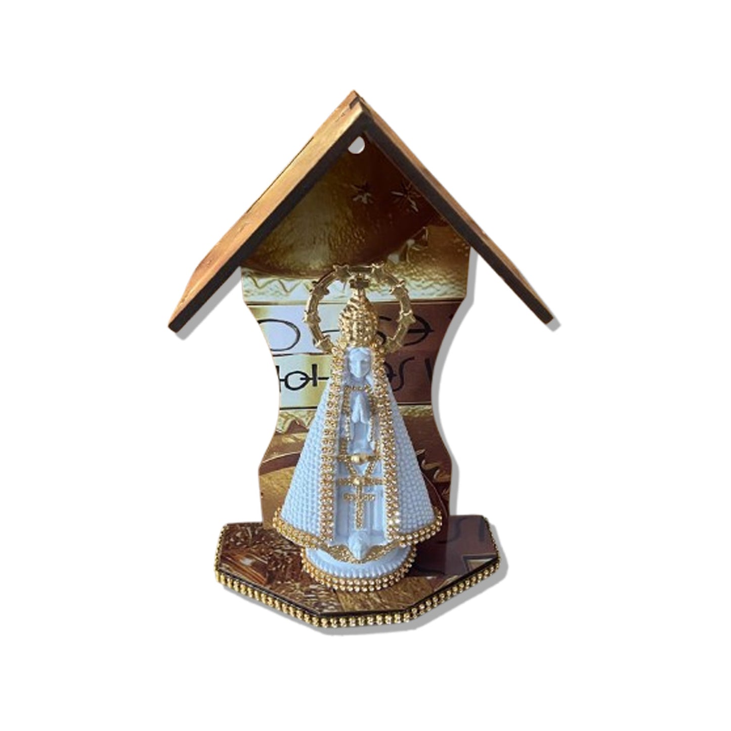 ORATÓRIO DE PAREDE E MESA MDF DOURADO+ IMAGEM DE PLÁSTICO NOSSA SENHORA APARECIDA BRANCA COM STRASS 15CM (1 UNIDADE)