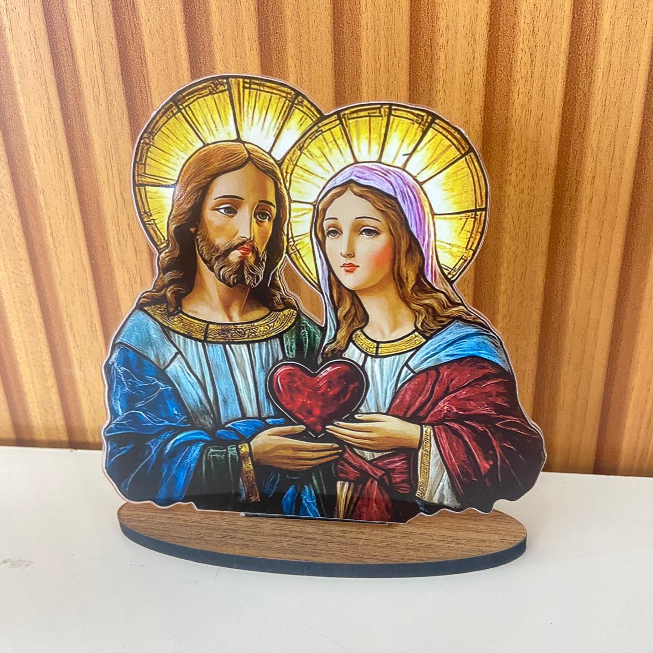 ADORNO DE MESA ACRÍLICO RESINADO SAGRADO CORAÇÃO DE JESUS E IMACULADO CORAÇÃO DE MARIA 14CM (1 UNIDADE)