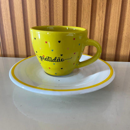 XÍCARA COM PIRES GRATIDÃO AMARELO (1 UNIDADE)