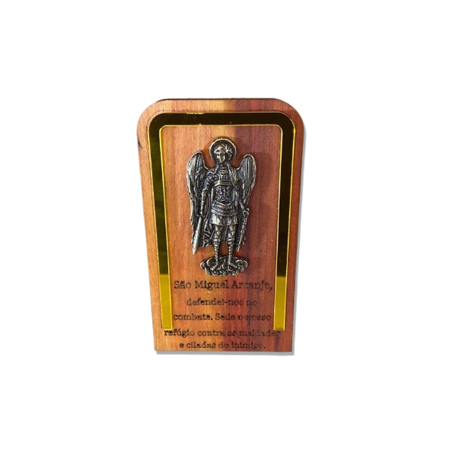 ADORNO DE MESA MADEIRA COM ORAÇÃO SÃO MIGUEL ARCANJO METAL OURO VELHO 13,5CM (1 UNIDADE)
