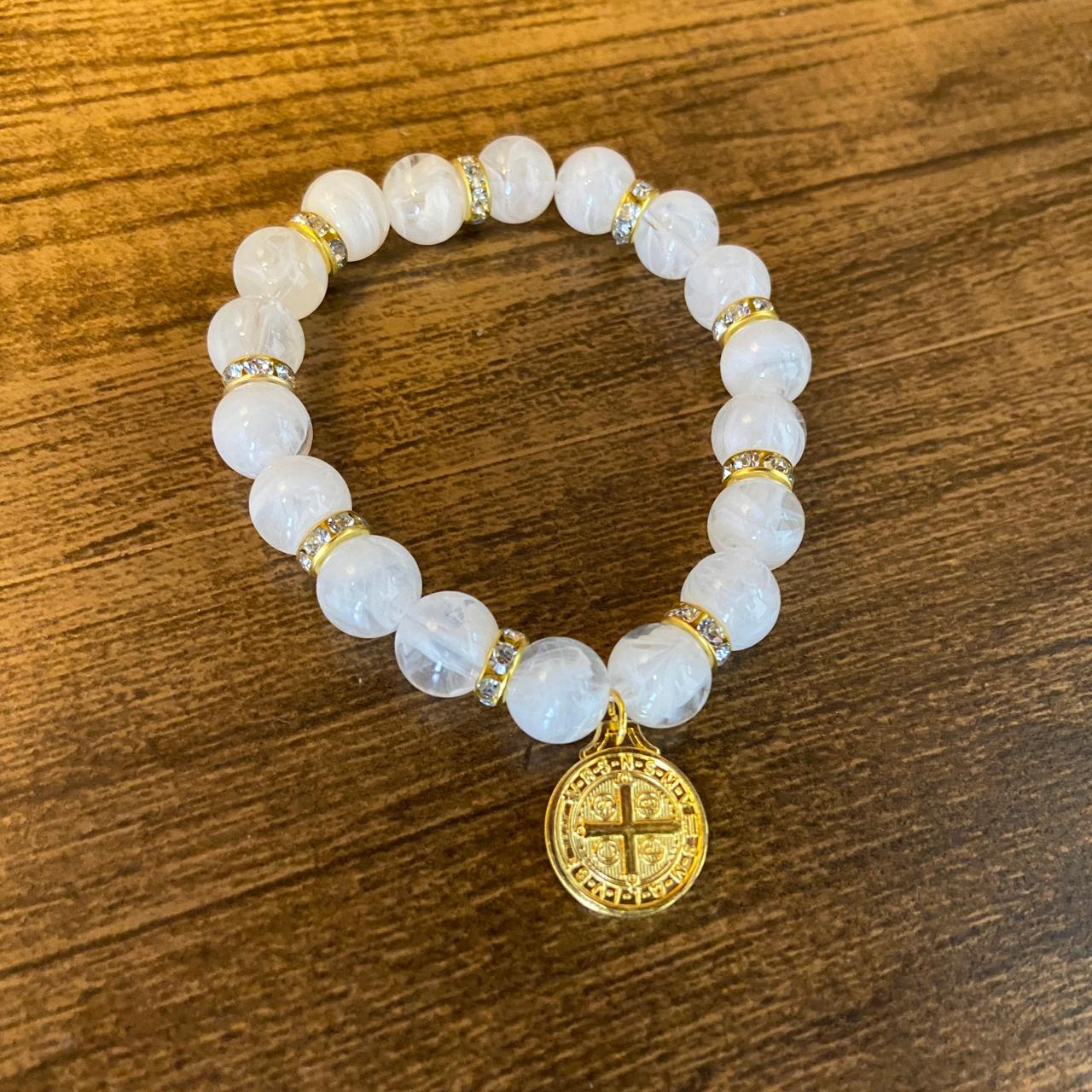 PULSEIRA PÉROLA MEDALHA DE SÃO BENTO 10MM MOD-3 (03 UNIDADES)