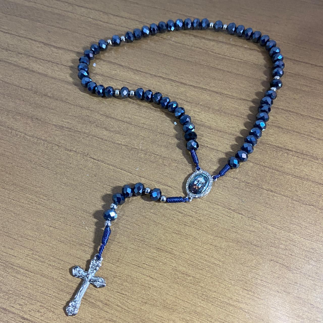 TERÇO CRISTAL AZUL PETRÓLEO SAGRADA FACE 8MM(1 UNIDADE)