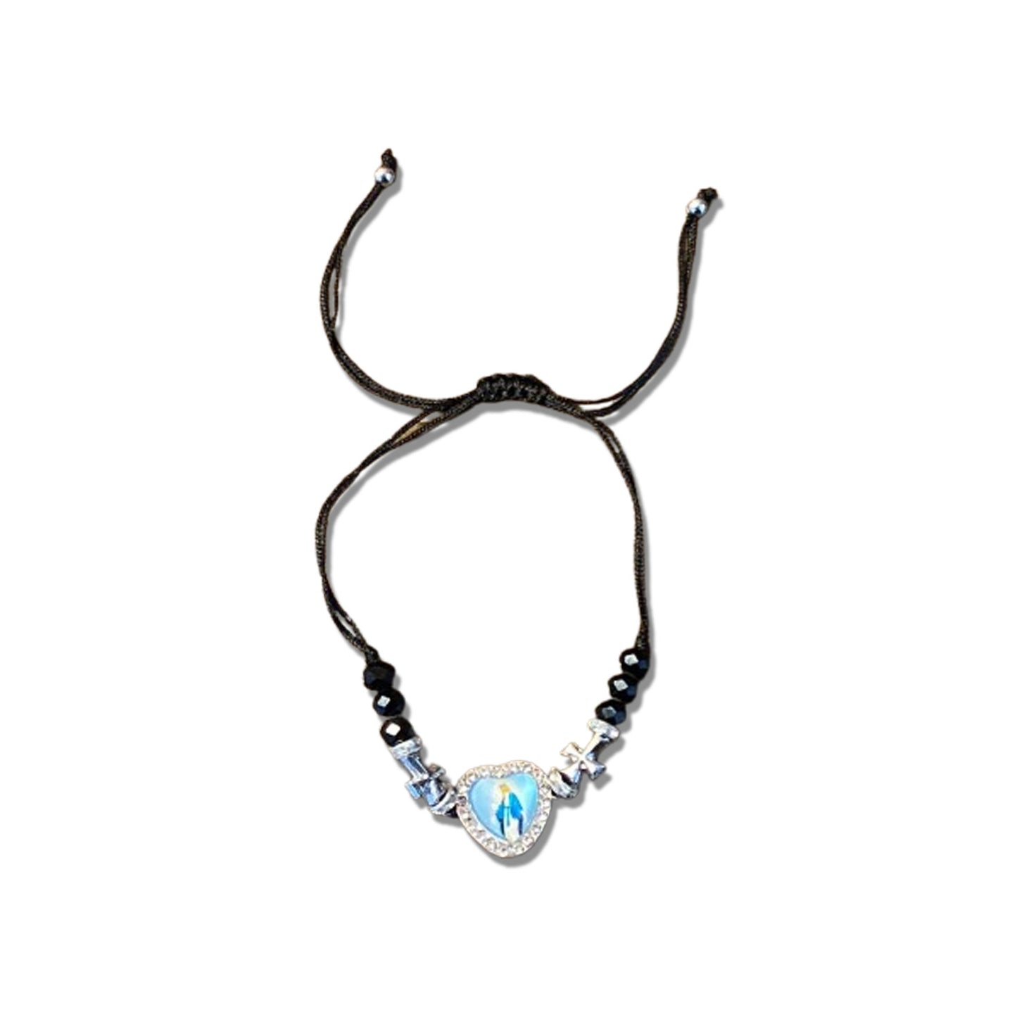 PULSEIRA REGULÁVEL CRISTAL PRETO COM MEDALHA RESINADA NOSSA SENHORA DAS GRAÇAS  ( 01 UNIDADE)