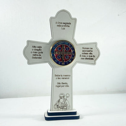 CRUCIFIXO MDF BRANCO MEDALHA SÃO BENTO MESA E PAREDE 21CM (1 UNIDADE)